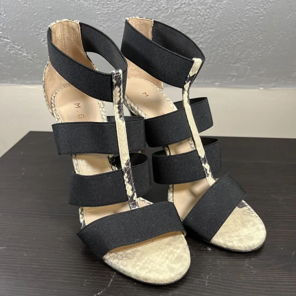 M. Gemi Black/snakeskin Strappy High Heels Sandals Leather Womens Size 38 Europe